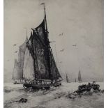 H P Evans signed etching of fishing boats with oarsman setting the net, marked CS 12 to sail for