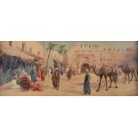 Giovanni Barbaro (1864-1915) watercolour Arab street scene with camels and people in a busy