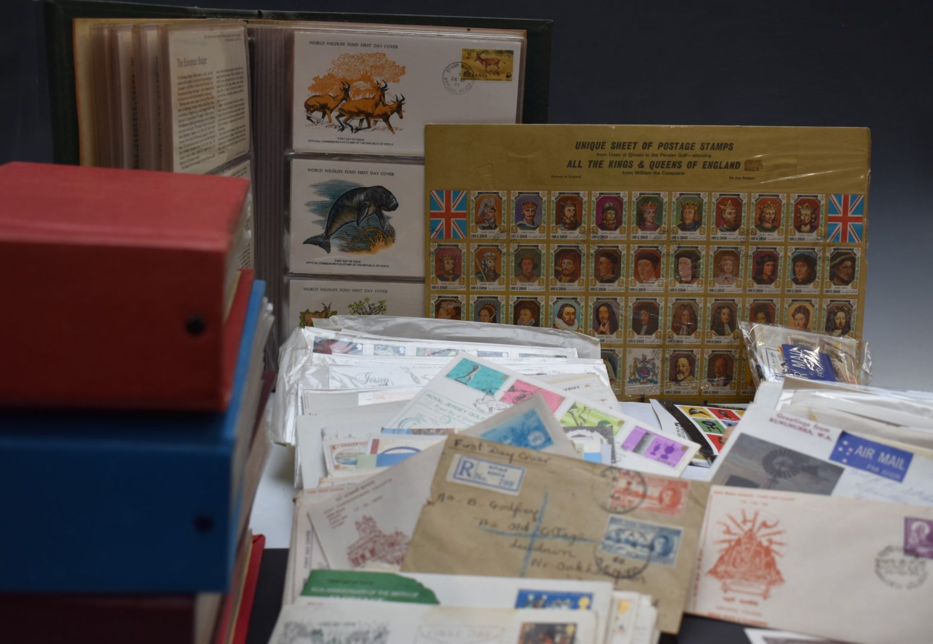 A collection of first day cover stamp albums / loose covers including UK 1970s-90s World Wildlife