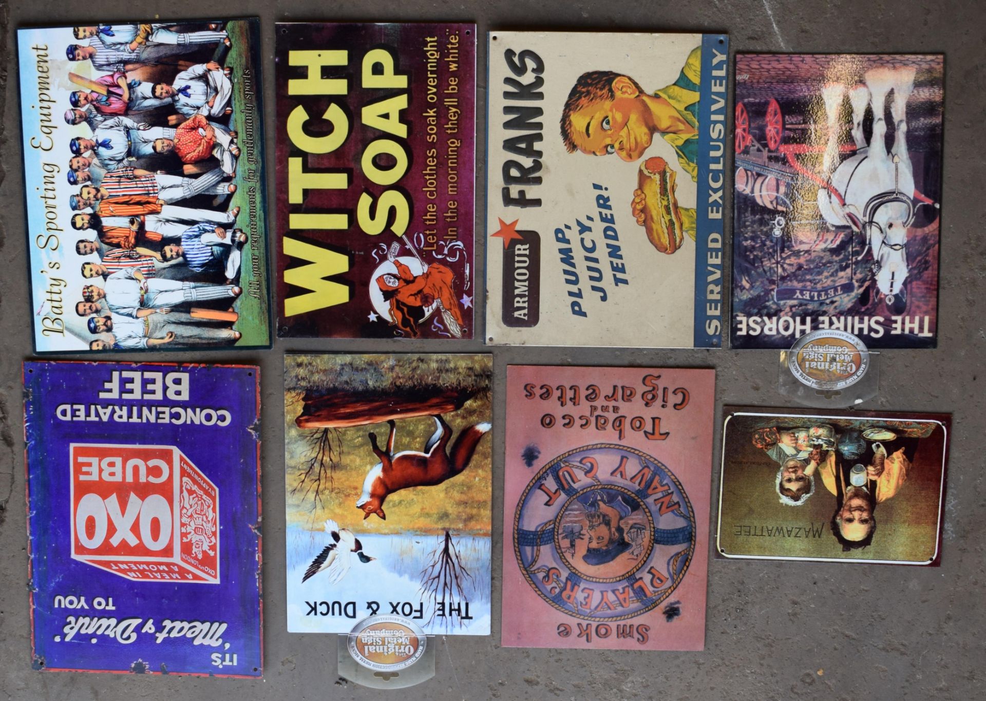 Eight metal advertising signs to include Witch soap, Oxo, The Fox & Duck, Player's etc, largest