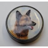 George V hallmarked novelty silver guilloché enamel compact with German Shepherd / Alsatian dog