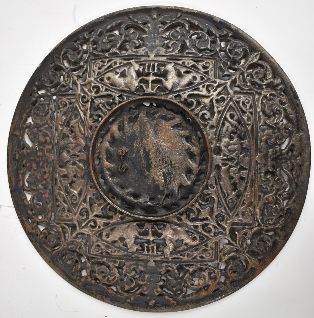 A pair of Coalbrookdale bronze dishes with pierced decoration of Greek gods atop fish and mythical - Image 3 of 6