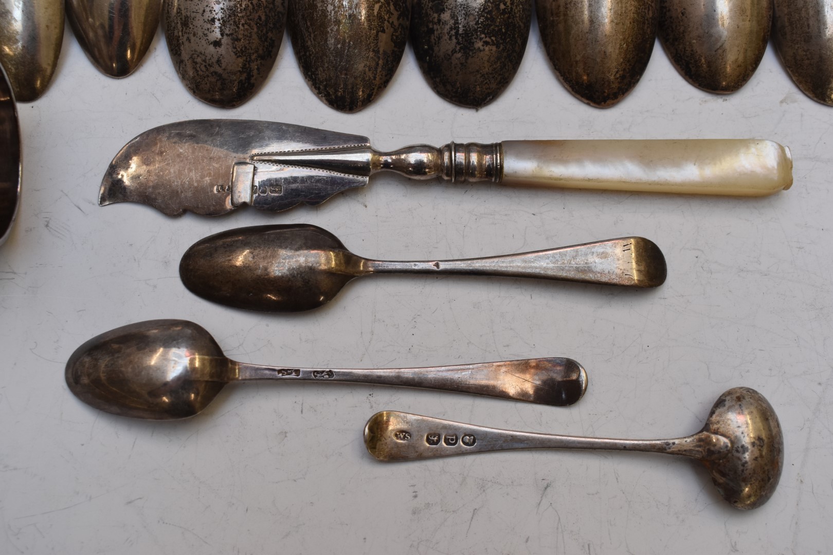 Hallmarked silver cutlery to include a set of six Victorian fiddle and thread pattern teaspoons, - Image 6 of 6