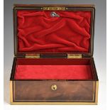 19thC brass bound rosewood jewellery box with campaign style handles, Bramah lock, drop down