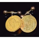 A pair of cufflinks made from a 1897 & 1895 gold 1/2 Pond, 13.8g