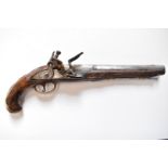 Belgian flintlock holster pistol with carved decoration, engraved brass trigger guard and mounts,