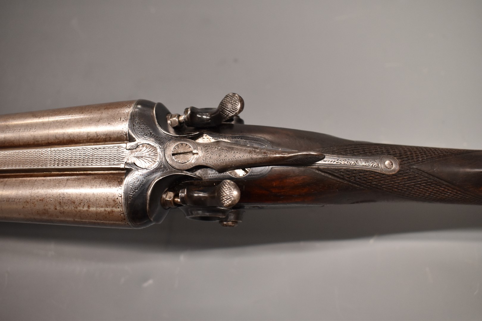 English 12 bore side by side hammer action shotgun with engraved locks, stylised hammers, trigger - Image 11 of 11