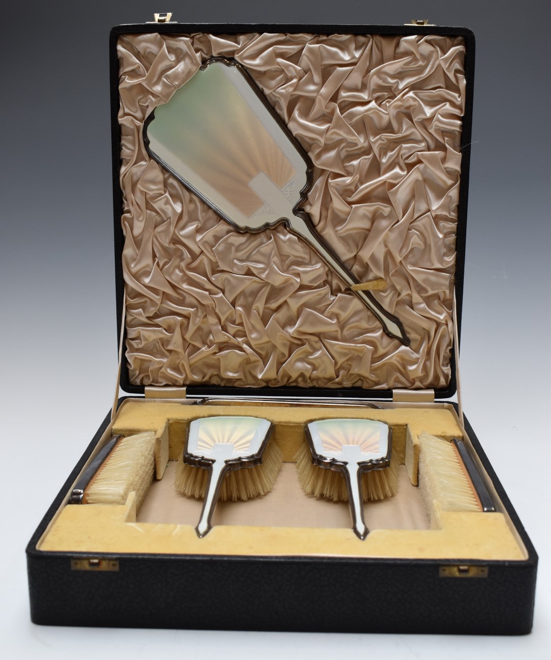 Art Deco Mappin & Webb white guilloché enamel hallmarked silver dressing table set comprising hand