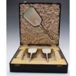 Art Deco Mappin & Webb white guilloché enamel hallmarked silver dressing table set comprising hand