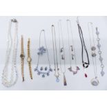 A collection of jewellery including Swarovski necklace, watches, two suites of silver jewellery by