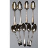 Nine Georgian Old English pattern hallmarked silver spoons, comprising a two pairs of table