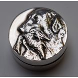 Silver novelty pill box with shooting interest lid with embossed dog with bird in mouth, marked 925,