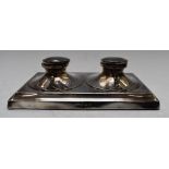 George V Art Nouveau hallmarked silver double capstan inkwell, Birmingham 1912, maker William