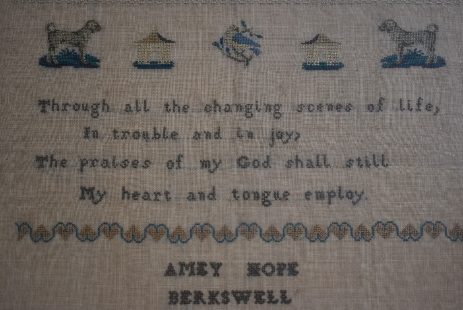 Victorian embroidery/ sampler by Amey Hope, Berkswell School, near Coventry, 1843, 34 x 35cm - Image 2 of 3