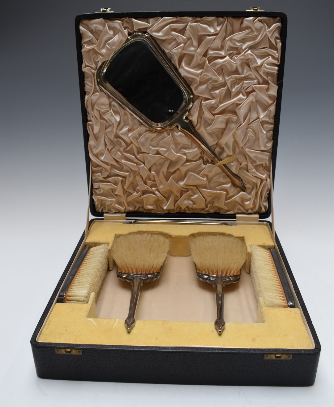 Art Deco Mappin & Webb white guilloché enamel hallmarked silver dressing table set comprising hand - Image 2 of 5