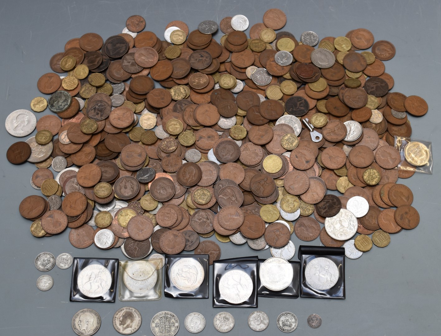 An amateur UK coin collection, Queen Victoria onwards, very small silver content, in vintage