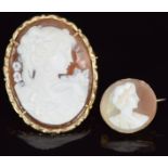 Two 9ct gold brooches set with cameos, one signed Gapa