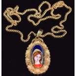 An 18ct gold pendant set with an enamel portrait icon (13g) on a 9ct gold chain (8.3g)