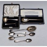 Cased hallmarked silver replica Roman spoon, cased hallmarked silver pap spoon and pusher set,
