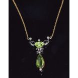 Victorian necklace set with peridot and rose cut diamonds, in original box