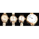 Four ladies wristwatches comprising one 15ct and three 9ct, largest case diameter 27mm.