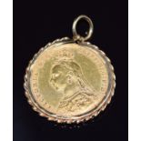 Victoria 1892 gold full sovereign with Melbourne mint mark, in 9ct gold pendant mount, 8.9g