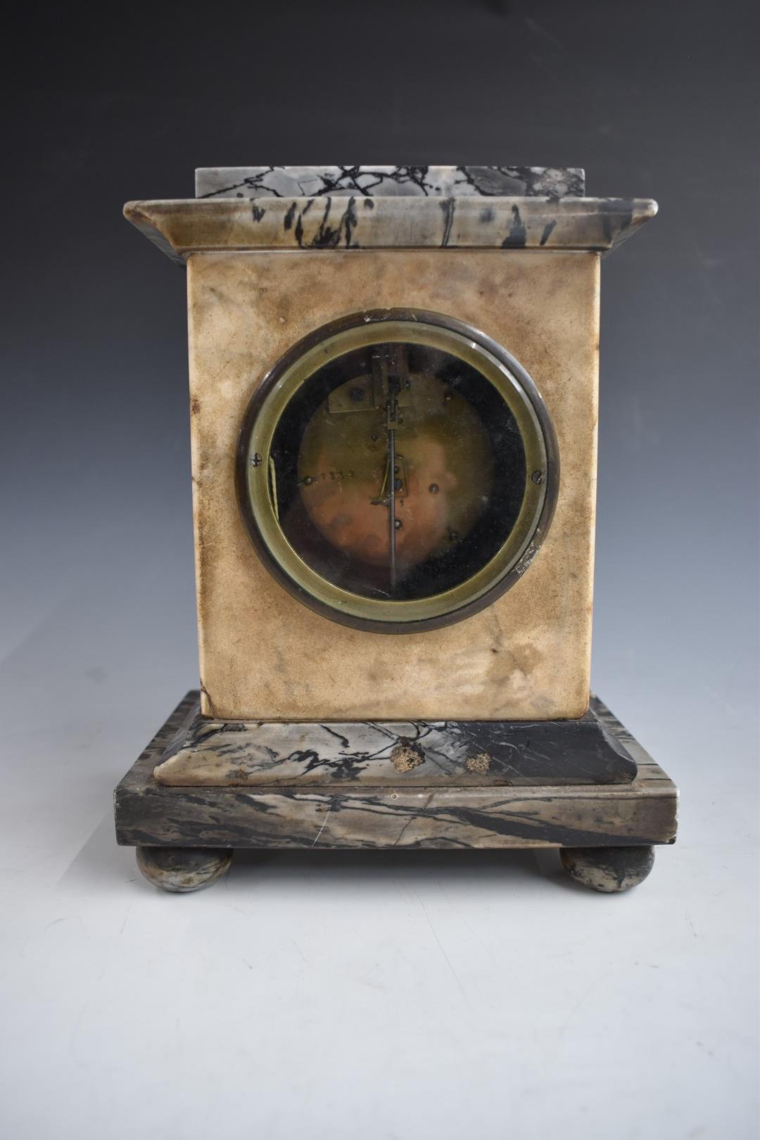 19thC grey marble cased mantel clock with enamel Roman dial and Breguet style hands, the single - Image 3 of 3