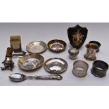 A collection of hallmarked silver and white metal items to include four dishes marked 830, four