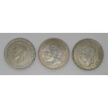 Three English crowns comprising George V 1935 'rocking horse', Coronation George VI 1937 and a