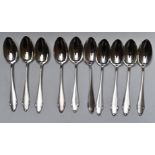 Set of ten German white metal dessert spoons, with German 800 grade silver marks, maker Köberlin