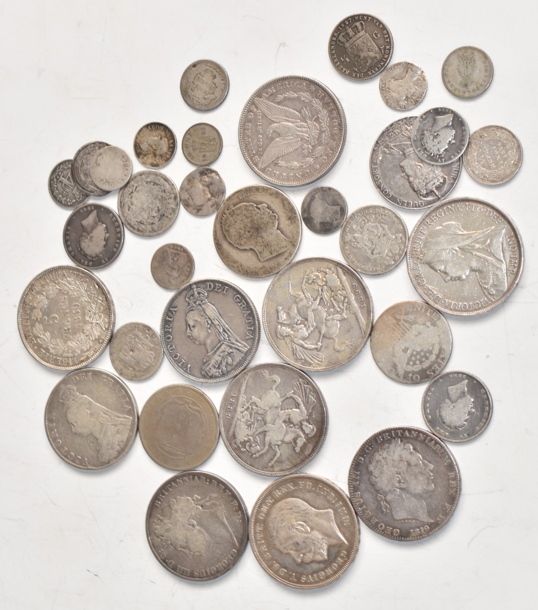 Various silver coinage, Victoria, George III, USA dollar, French etc, approximately 360g