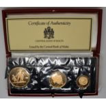 Central Bank of Malta cased three gold coin set, 55g