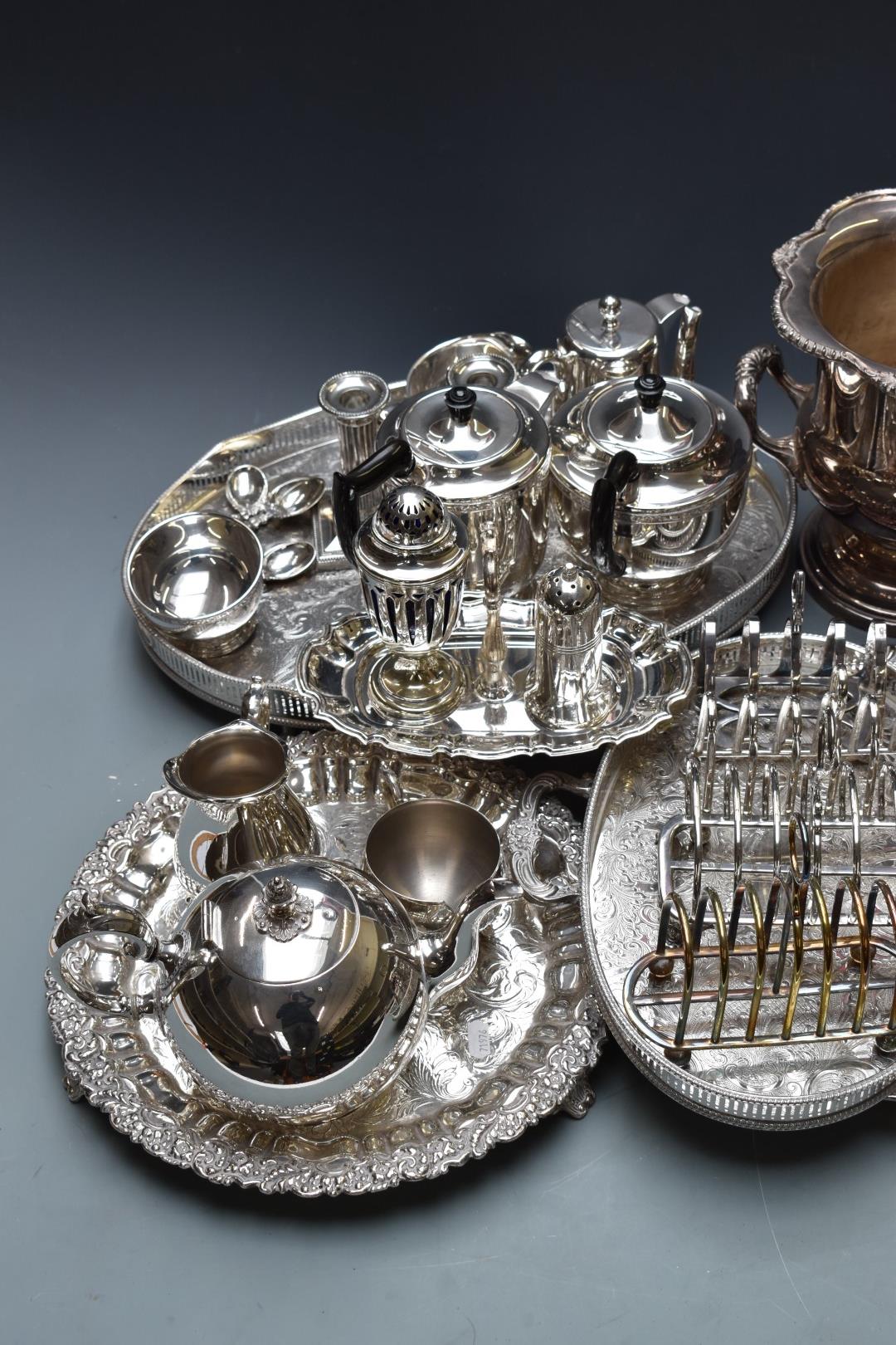 Silver plated ware to include wine cooler, H24cm, galleried Mappin and Webb candlesticks, salver, - Image 2 of 3