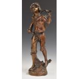 Bronze or similar figure of a boy carrying a basket on a stick, H36.5cm