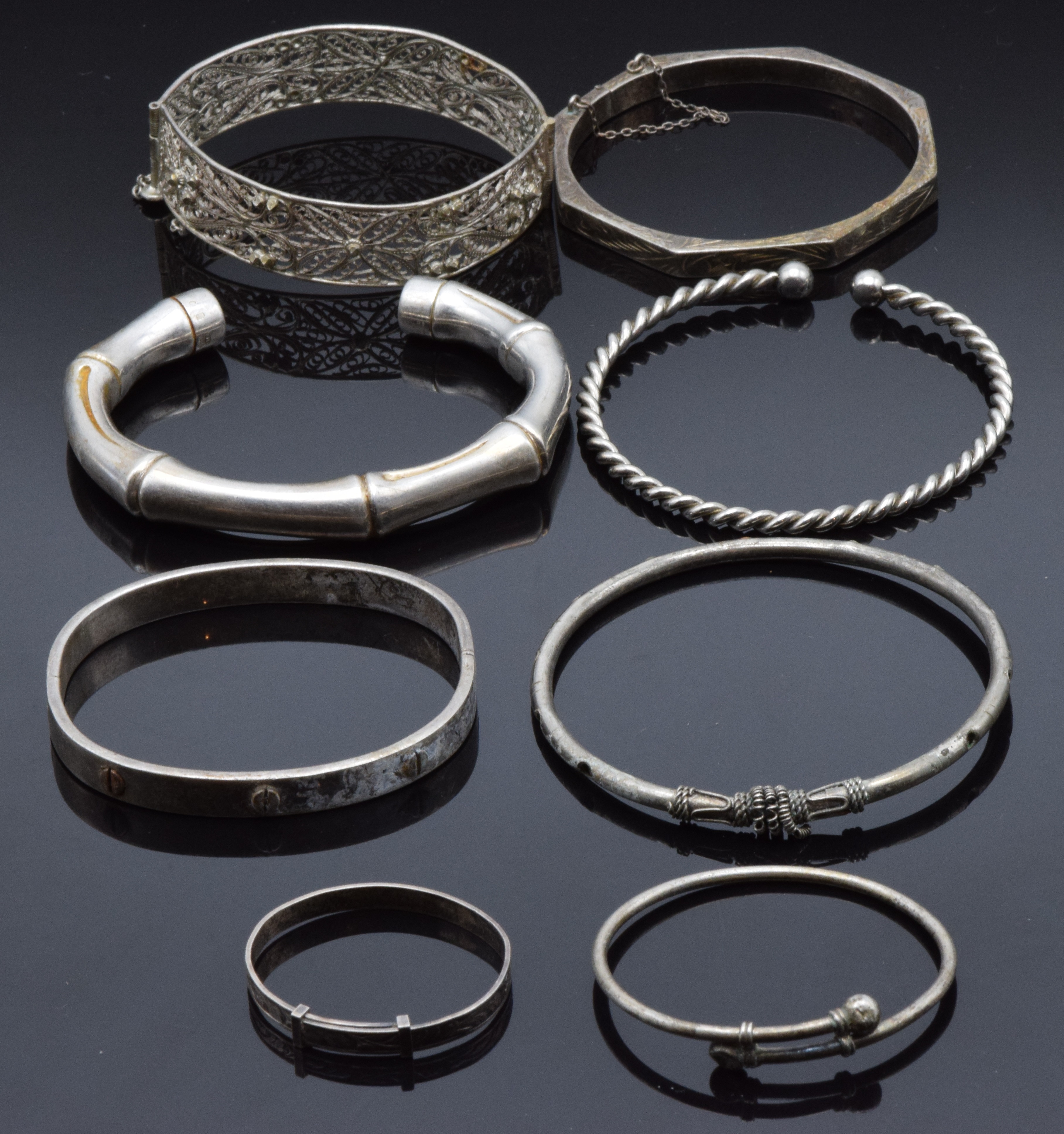 Four silver bangles, two christening bangles and a filigree bangle - Image 2 of 2