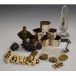 Collectables to include cut glass thermometer, Art Deco silver plated napkin rings, guinea gaming