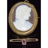 Victorian brooch set with a cameo, 4.2 x 3.7cm, and a Victorian brooch set with a foiled amethyst,