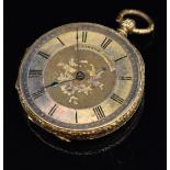 C Lannier 18ct gold open faced pocket watch with gold hands, black Roman numerals, engraved gold