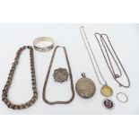 Victorian silver including chain, locket, brooch, etc and a silver bangle
