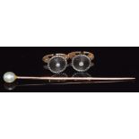 Victorian stick pin set with a pearl and two 18ct gold French pearl studs (3g)