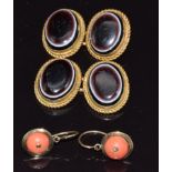 A pair of Victorian cufflinks set with banded agate and a pair of earrings set with coral marked