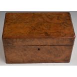 Burr walnut two division tea caddy with individual lift out caddies and hinged lid, W25 x D14 x