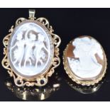 A 9ct gold brooch / pendant set with a cameo depicting the Three Graces and another cameo brooch