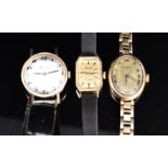Three Accurist 9ct gold ladies wristwatches, one on yellow metal bracelet the others on black