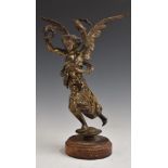 Bronzed winged lady with flowing robe, H 25cm, on turned wooden base, possibly originally a