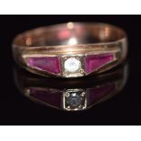 A 9ct gold ring set with a white sapphire and synthetic rubies, 1.4g, size O