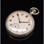 Unnamed keyless winding open faced military style pocket watch with inset subsidiary seconds dial,