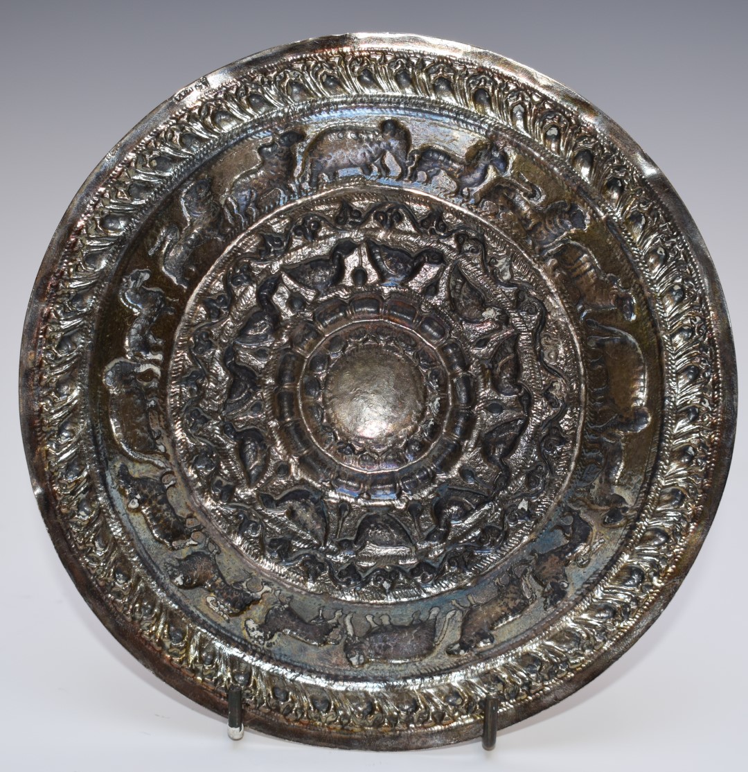 Sri Lanka white metal dish with embossed decoration of animals, marked KAA for Kandyan Arts - Image 2 of 3