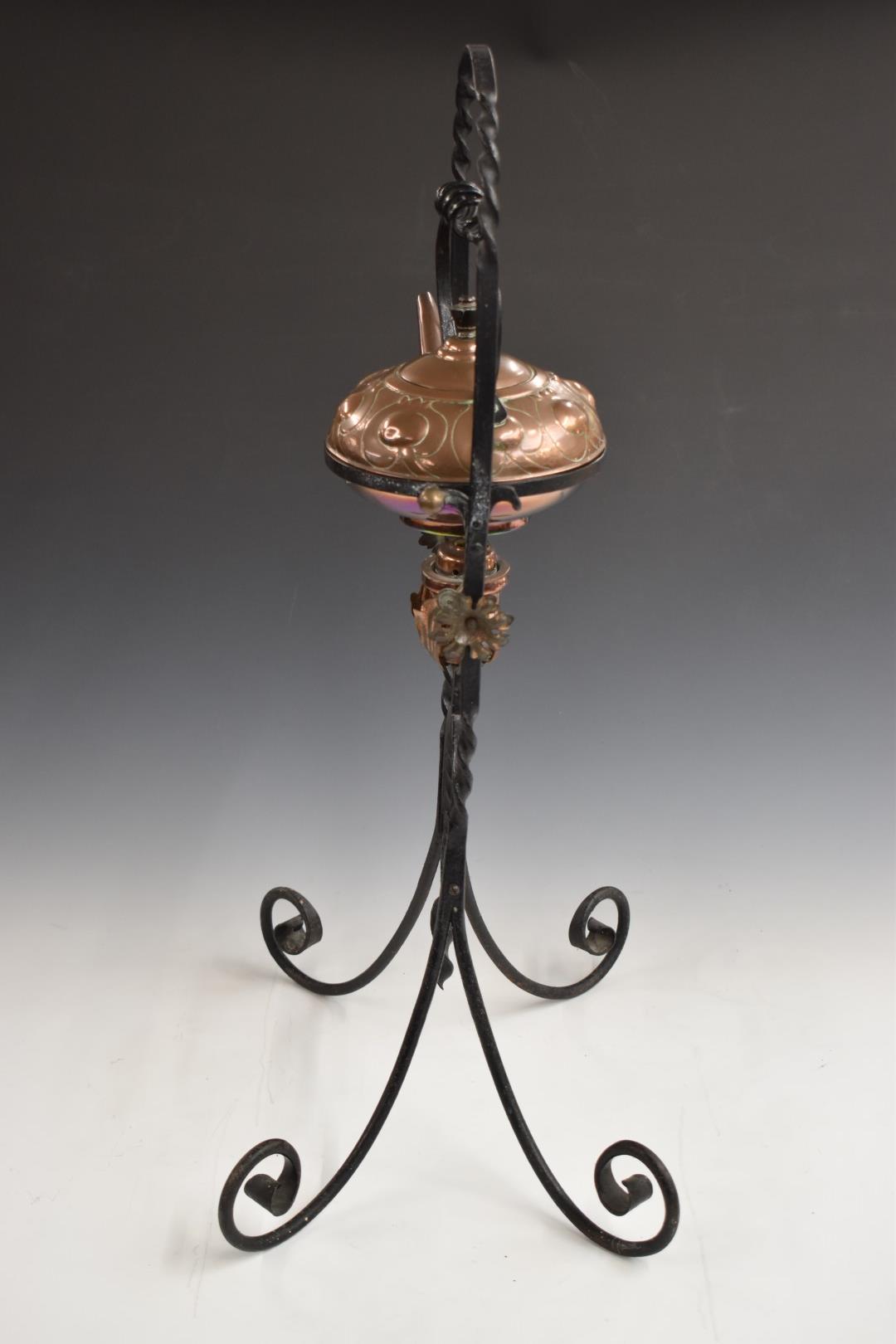 In the manner of W.A.S. Benson Arts and Crafts copper spirit kettle on wrought iron stand, H73cm - Image 4 of 7