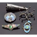 Two silver and enamel brooches, Charles Horner scarab beetle brooch, a posy holder and a section